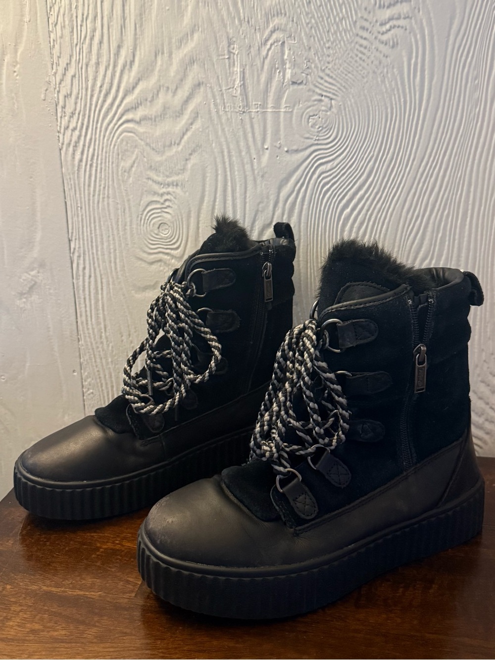 Pajar Black Faux Fur Lace-Up Platform Ankle Boots - Picture 1 of 9